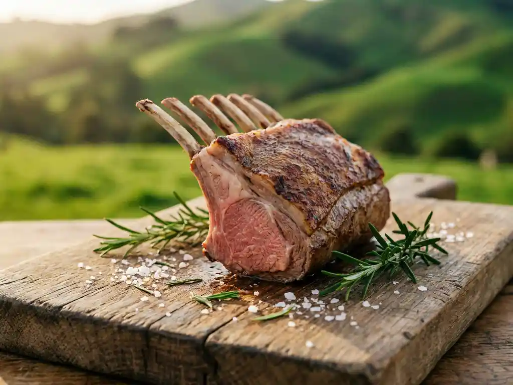 Seared New Zealand rack of lamb on a rustic wooden board with fresh rosemary and sea salt, rolling green hills softly blurred in background.
