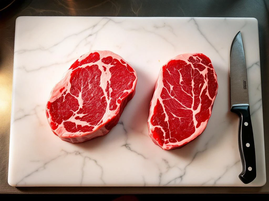 Two raw beef steaks with different marbling patterns on marble cutting board with chef's knife in professional kitchen