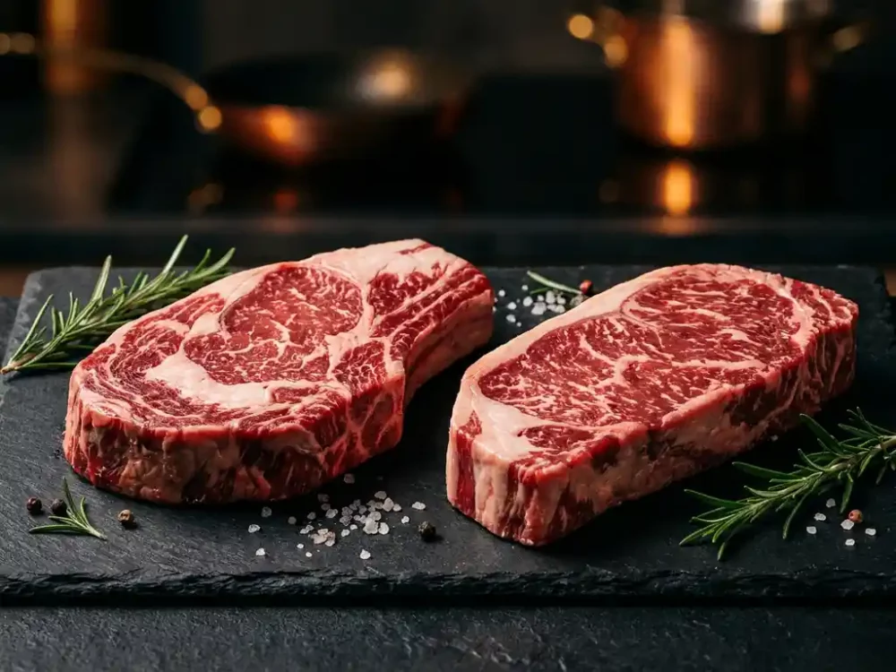 Rohes australisches Ribeye und marmoriertes amerikanisches Striploin auf dunklem Schiefer mit Rosmarin und Meersalz.