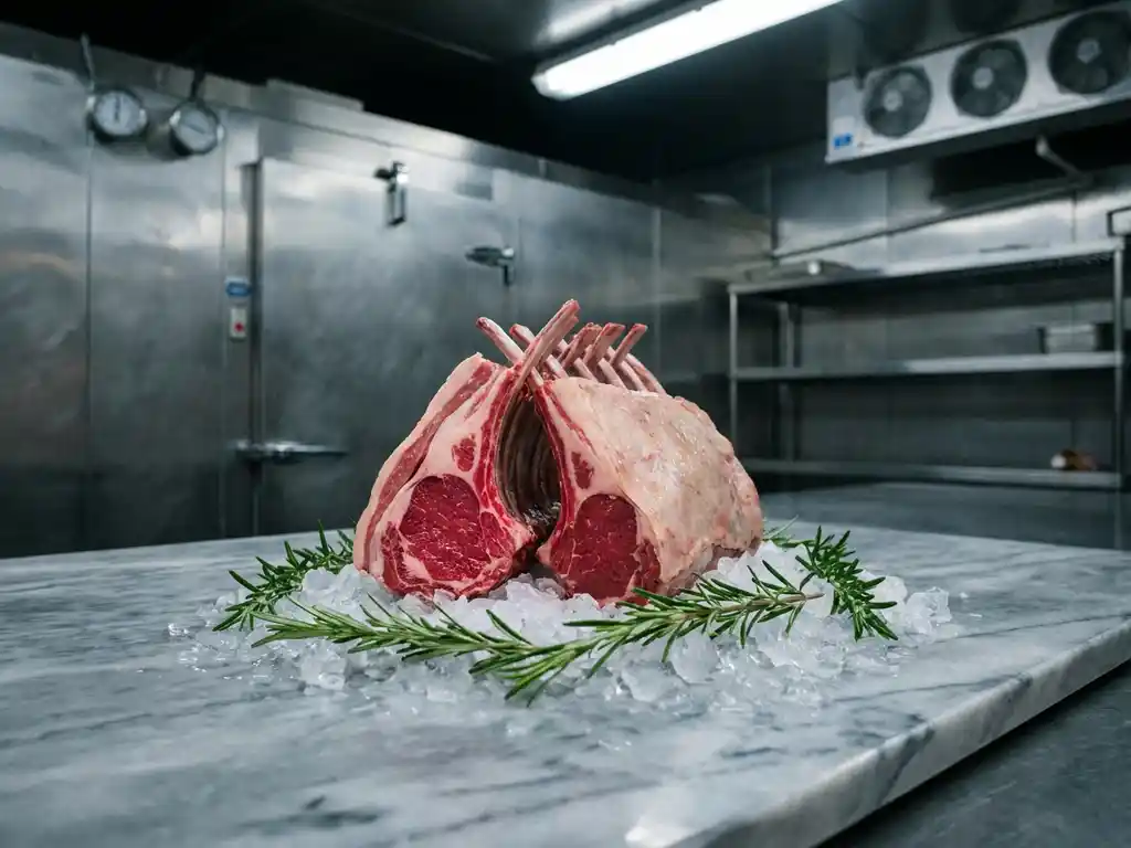 Rack of lamb on crushed ice with a ruby-red cut interior, fresh rosemary sprig, on marble in a cold-storage setting.