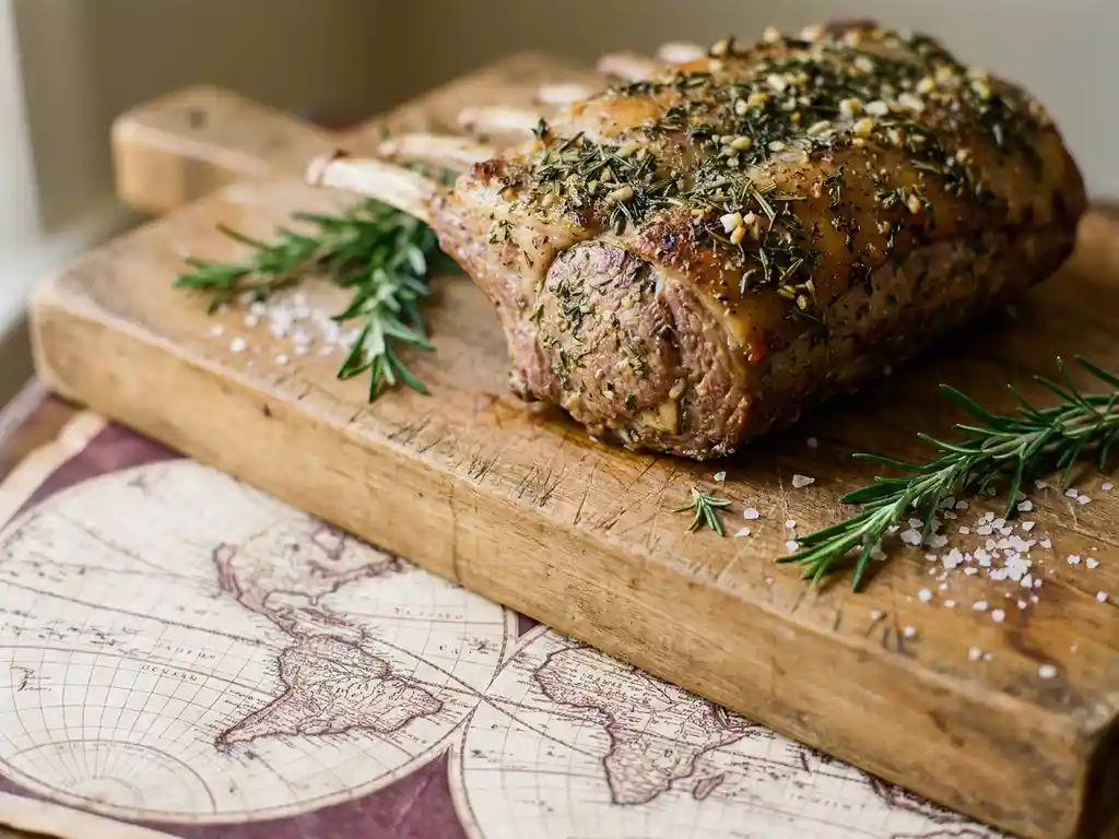 Herb-crusted rack of lamb on a rustic butcher's block with fresh rosemary, coarse sea salt, and aged parchment map beneath.