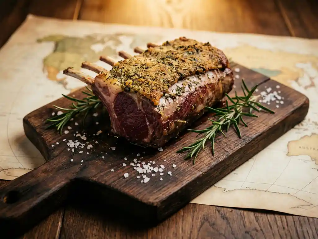 Herb-crusted rack of lamb on a rustic wooden board with fresh rosemary sprigs and coarse sea salt under warm golden light.