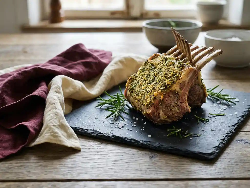 Rack of lamb with golden herb crust on a slate board, garnished with fresh rosemary and coarse sea salt in soft natural light.