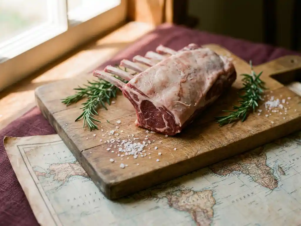 Rack of lamb on a rustic wooden board with fresh rosemary sprigs and coarse sea salt, soft natural light, vintage map underneath.