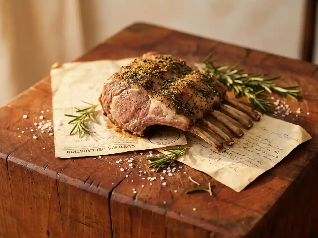 Rack of lamb on a rustic butcher's block with fresh rosemary sprigs, coarse sea salt, and a partial customs document beneath.