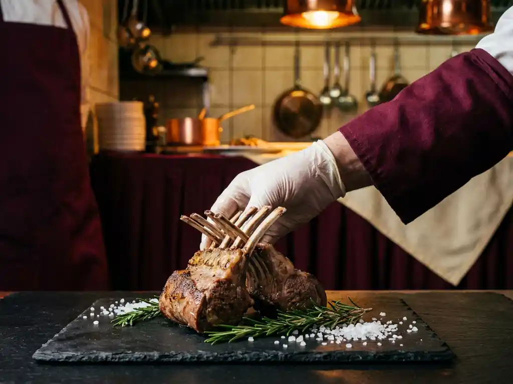 Chef positioning a frenched rack of lamb on dark slate, surrounded by rosemary sprigs and coarse sea salt in a moody restaurant kitchen.
