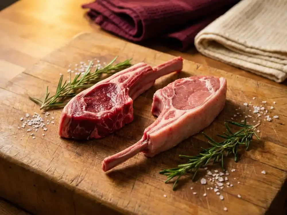 Two raw lamb cuts on a weathered butcher's block, one ruby-red and one rosy, with fresh rosemary sprigs and coarse sea salt in warm golden light.