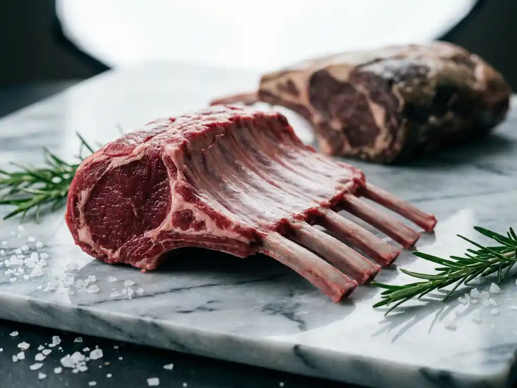 Frenched lamb rack on marble surface with fresh rosemary sprigs and coarse sea salt, shallow depth of field highlighting deep crimson meat.