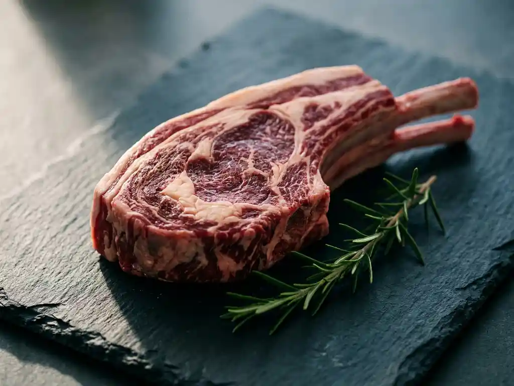 Raw lamb rack with rich marbling resting on dark slate, ruby-red meat with fat ribbons and a fresh rosemary sprig alongside.