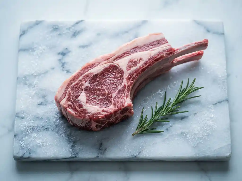 Raw lamb rack on chilled marble with frost crystals, fresh rosemary sprig, and natural ice condensation on the meat's surface.