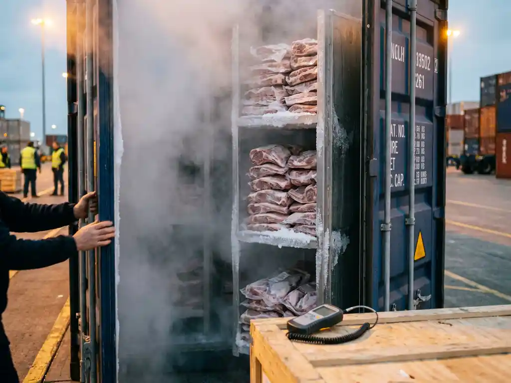 Refrigerated shipping container opened at a port dock, revealing frost-covered vacuum-packed lamb cuts with a temperature probe resting on a nearby crate.