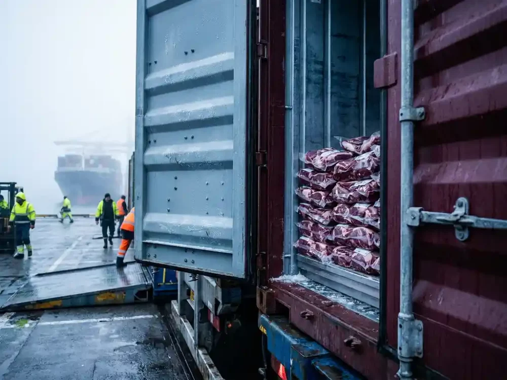 Refrigerated shipping container open at a port dock revealing vacuum-sealed lamb cuts, cargo ship visible in misty harbor background.