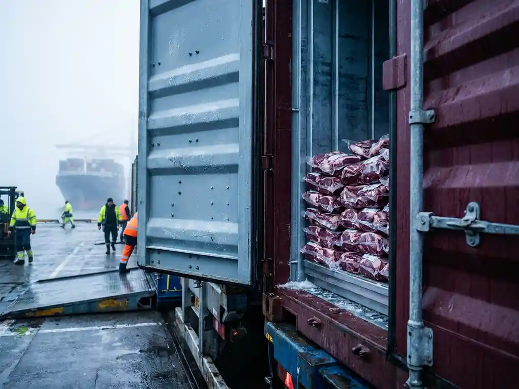 Refrigerated shipping container open at a port dock revealing vacuum-sealed lamb cuts, cargo ship visible in misty harbor background.