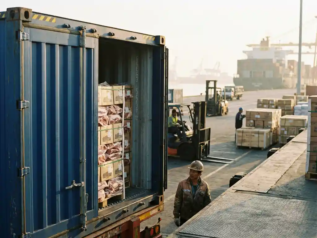 Refrigerated shipping container open at an international port dock, revealing vacuum-sealed fresh lamb cuts, cargo ship visible in background.