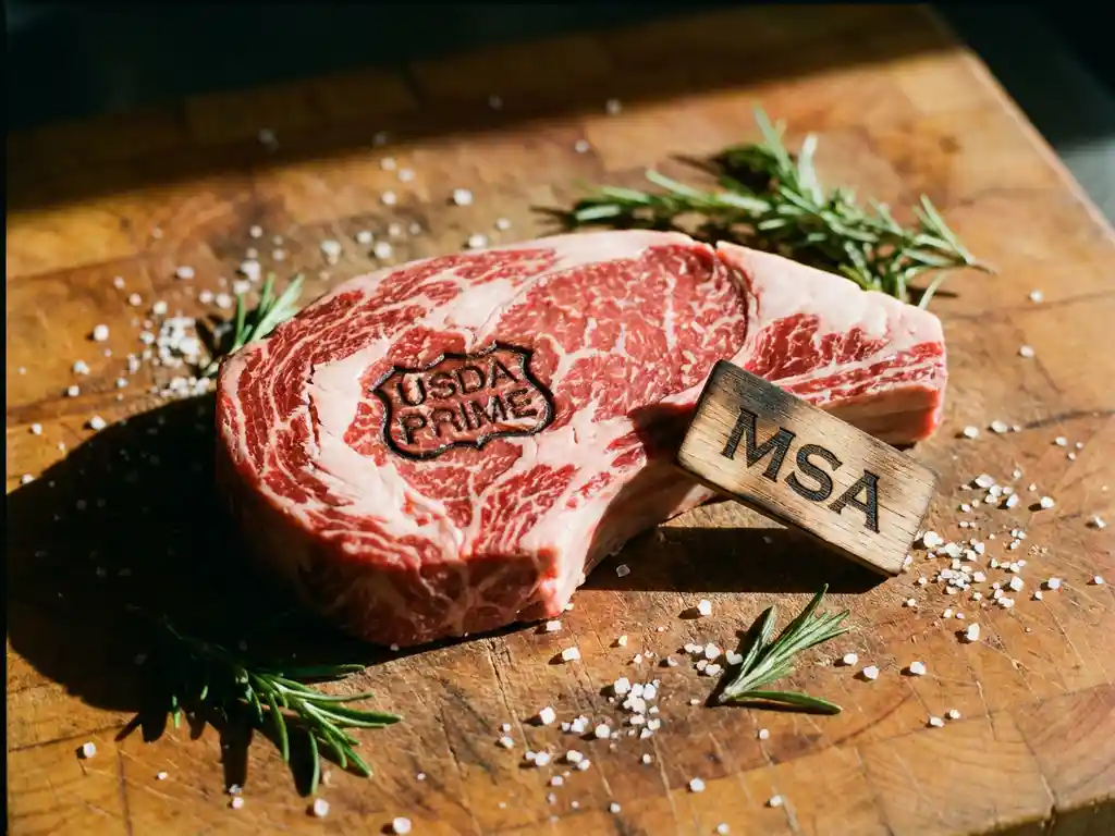 Rohes Ribeye-Steak mit USDA-Marmorierungsstempel auf Holzschneidebrett, umgeben von grobem Salz und Rosmarinzweigen.