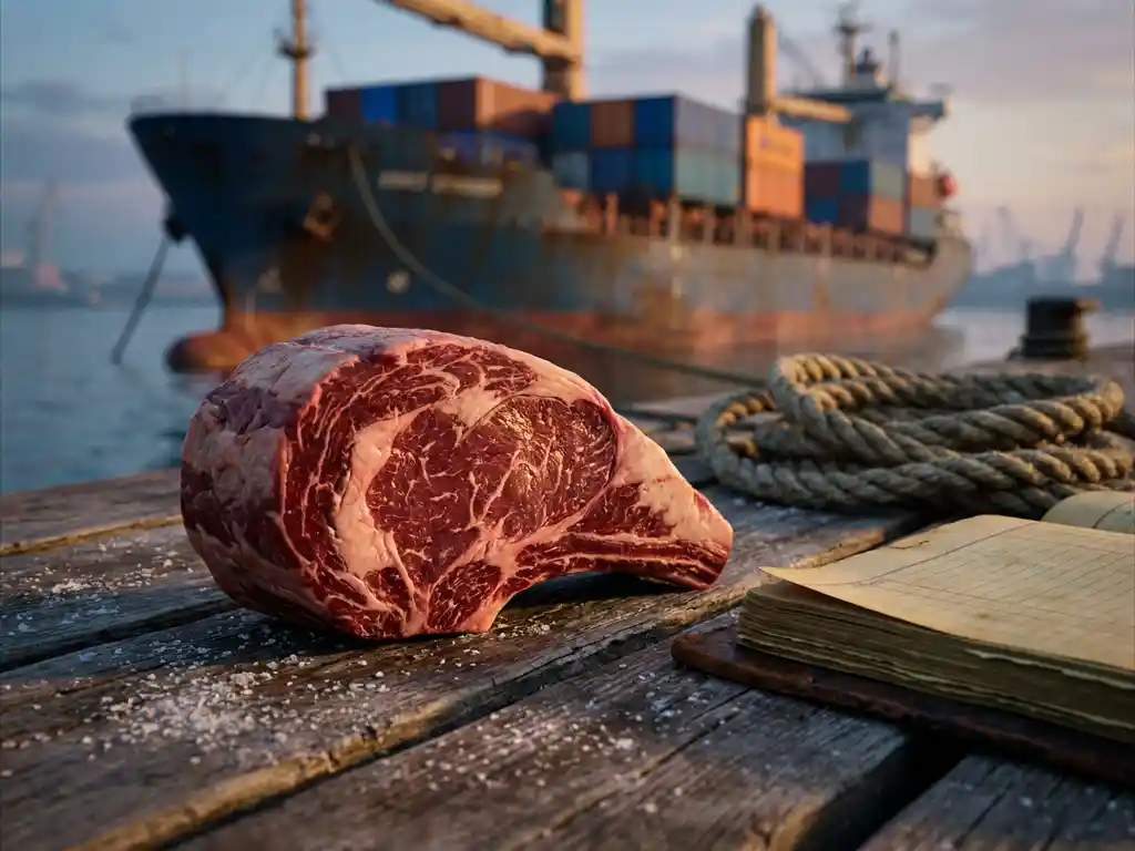 Marmoriertes rohes Rindfleisch auf verwittertem Holzdock, Frachtschiff im Hafen im Hintergrund, goldenes Nachmittagslicht.