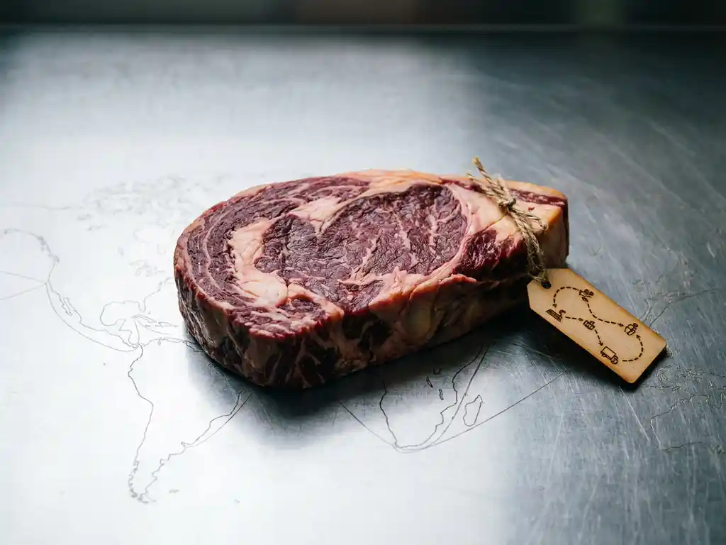 Rohes Rindfleisch auf Edelstahloberfläche mit Herkunftsetikett, das die Lieferkette zeigt, globale Versandrouten im Hintergrund.