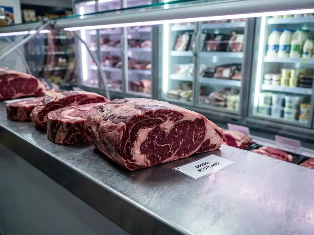 Frisches Premium-Rindfleisch mit Marmorierung auf Stahltheke, Herkunftsetikett daneben, europäische Supermarkt-Kühltheke im Hintergrund.