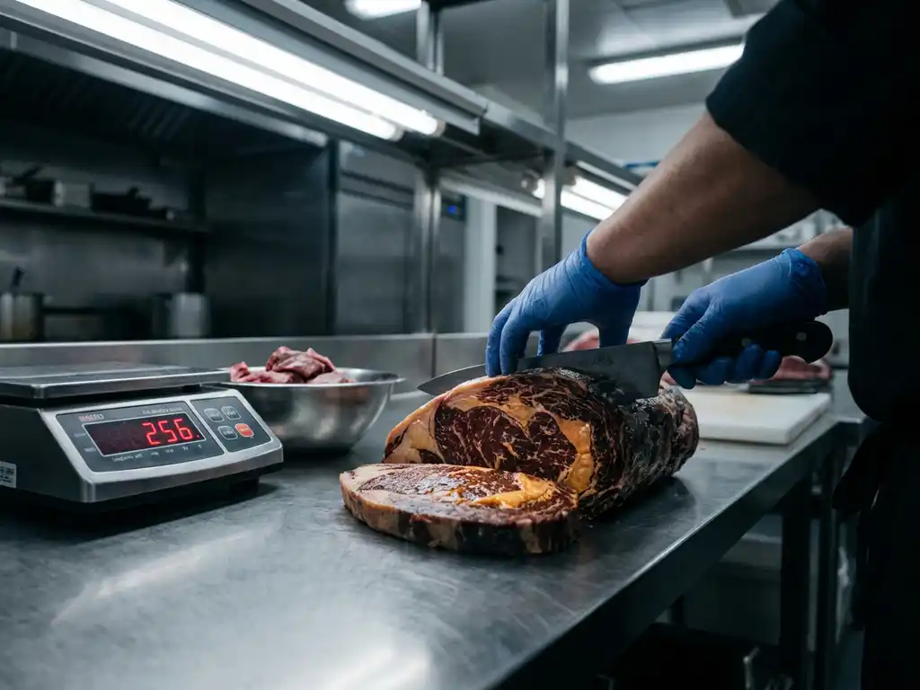 Köche portioniert marmoriertes Rindfleisch mit Handschuhen auf Edelstahl, digitale Waage in Gramm daneben, Nahaufnahme.