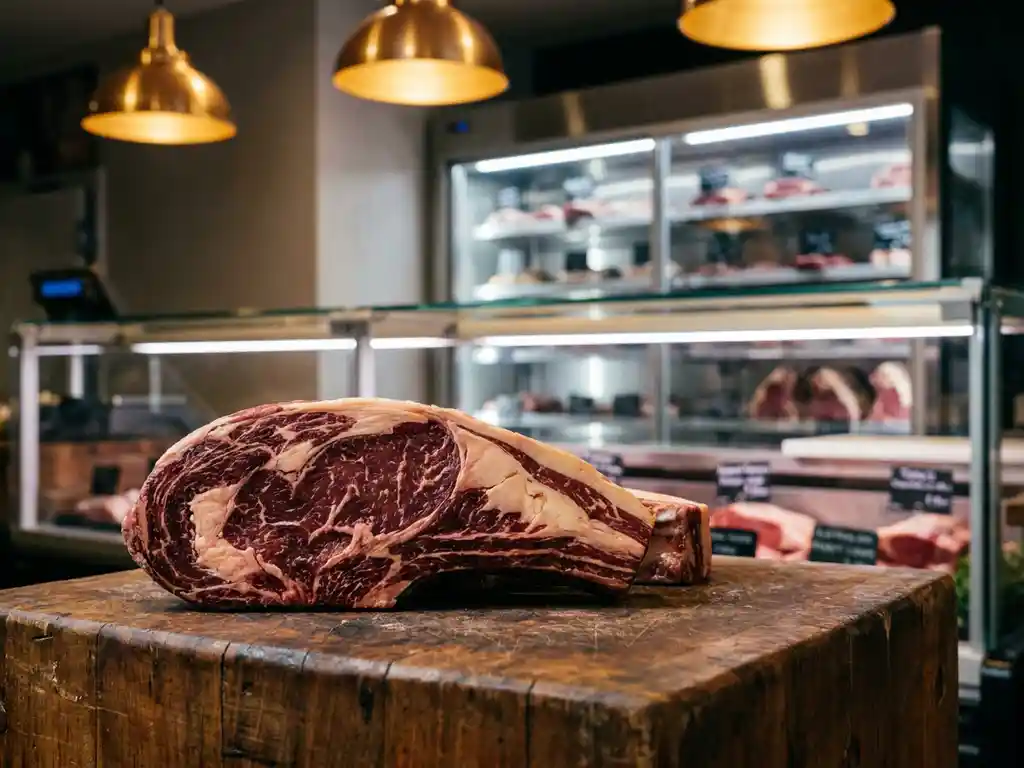 Marmorierte Ribeye-Steaks vom australischen Weideochsen auf rustikalem Holzblock, mit warmem Licht und unscharfer Kühltheke im Hintergrund.