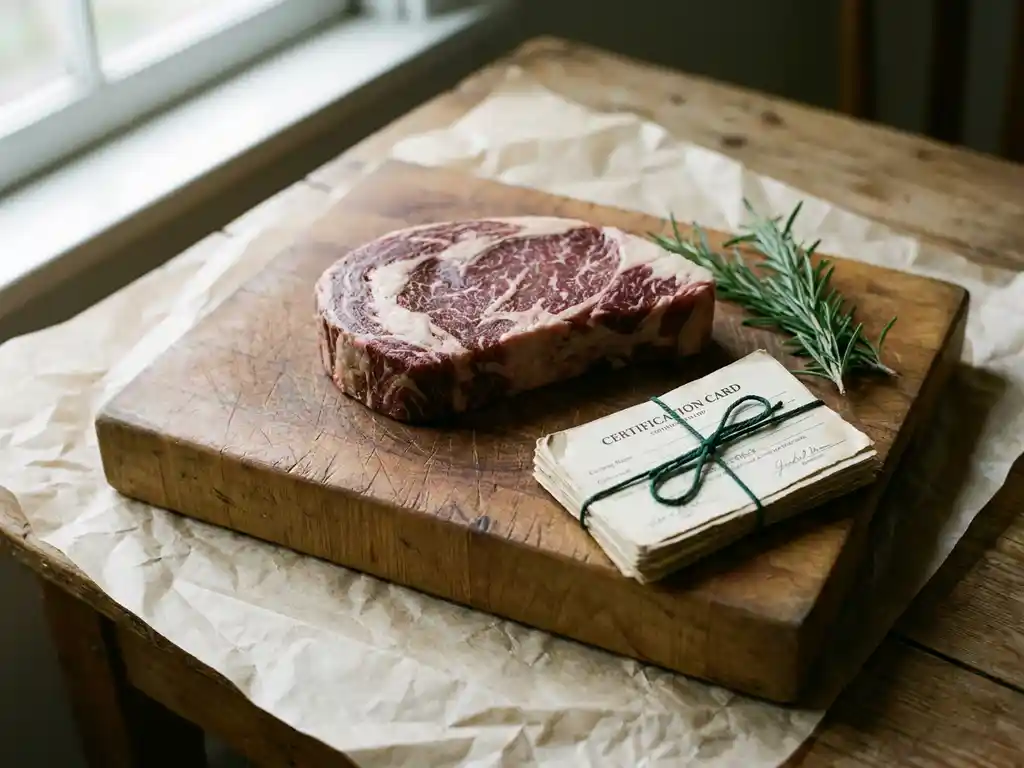 Hochwertiges Rindfleisch auf gealtertem Holzschneidebrett mit Zertifizierungskarten und frischen Kräutern im natürlichen Tageslicht.