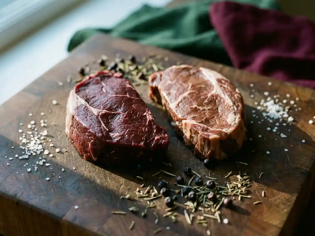 Zwei rohe Wildvenison-Stücke mit unterschiedlicher Maserung auf einem verwitterten Holzblock, umgeben von getrockneten Kräutern und grobem Salz.