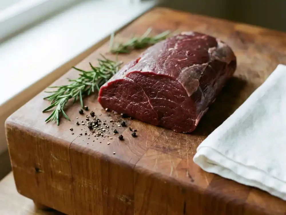 Rohes Wildfleisch auf verwittertem Holzblock mit frischem Rosmarin und gebrochenem Pfeffer im natürlichen Seitenlicht.