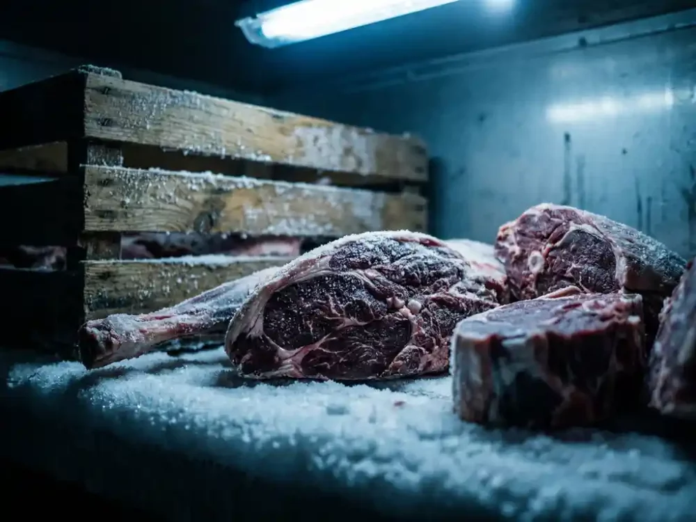 Tiefgefrorene Wildfleischstücke — Rehkeulen und Wildschweinfleisch — mit Eiskristallen auf dunkelroter Oberfläche in professioneller Kühlkammer.