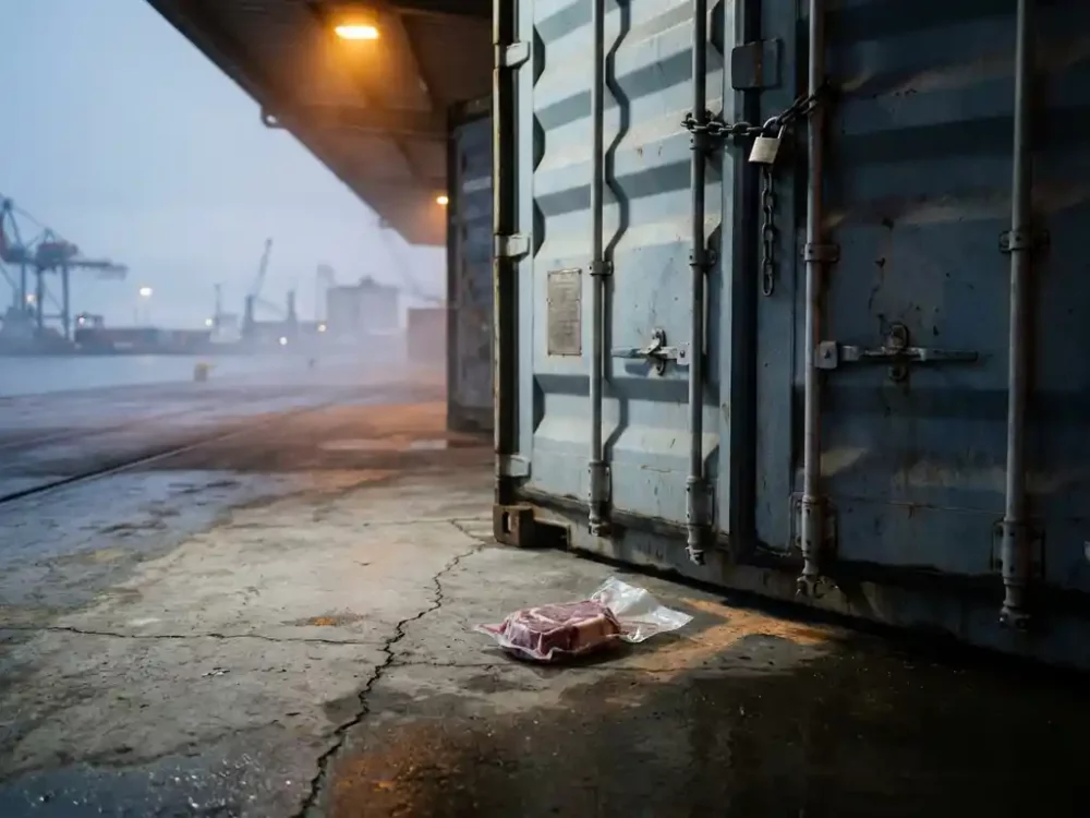Vacuum-packed lamb cut abandoned on a cold industrial dock beside a slightly ajar shipping container door, soft harbor fog in the background.