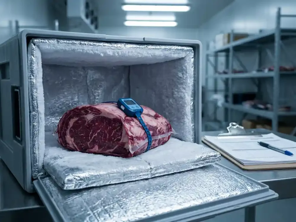 Vakuumverpacktes Premium-Rindfleisch mit Temperatur-Datenlogger in geöffnetem Isolierbehälter, Klemmbrett mit Prüfprotokollen im Hintergrund.