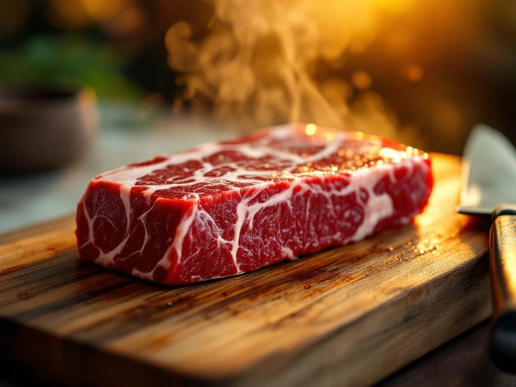 Premium Wagyu beef steak with marbled fat patterns on wooden cutting board next to chef's knife in warm natural lighting