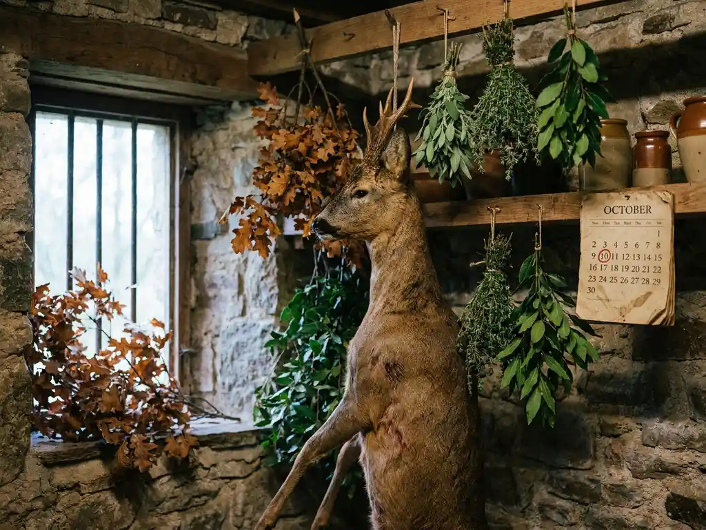 Frisch erlegtes Rotwild hängt in einer rustikalen Steinkammer mit Herbstlaub, getrockneten Kräutern und Wildkalender.