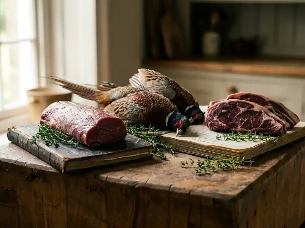 Wildfleisch-Auswahl mit Hirschrücken, Fasan und Wildschwein auf verwittertem Holzblock mit frischem Thymian im Seitenlicht.