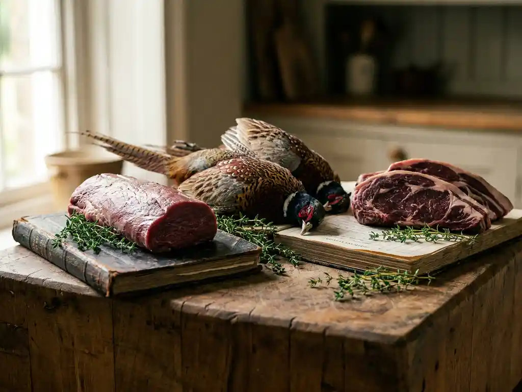 Wildfleisch-Auswahl mit Hirschrücken, Fasan und Wildschwein auf verwittertem Holzblock mit frischem Thymian im Seitenlicht.