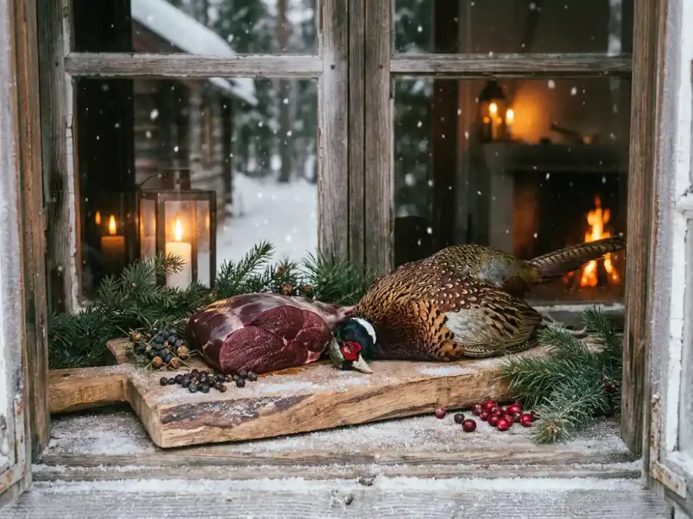 Frisches Wildbret – Rehkeule und Fasan – auf frostbedecktem Holzbrett mit Kiefernzweigen und Wacholderbeeren im winterlichen Kerzenlicht.