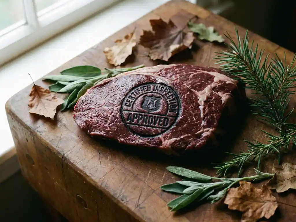Amtlicher Prüfstempel auf frischem Wildfleisch auf Holzblock, umgeben von Herbstkräutern und Kiefernzweig.