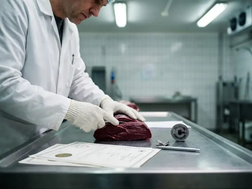 Veterinärinspektor mit weißen Handschuhen prüft frischen Wildbraten auf Edelstahltisch neben amtlichen Zertifizierungsdokumenten.