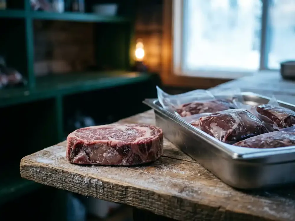 Frisches Wildfleisch-Steak auf frostbedecktem Holz neben gekühltem Tablett mit Rehfleisch-Cuts in kaltem Blau-Weiß-Licht.