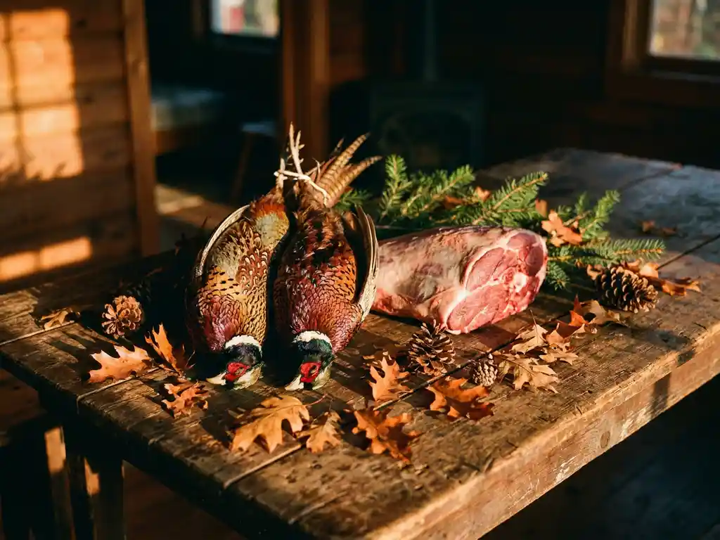Frisch erlegtes Wild: zwei Federwildvögel und eine Rehkeule auf verwittertem Holztisch, umgeben von Herbstblättern und Tannenzapfen.