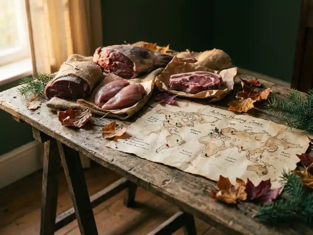 Rohes Wildfleisch auf verwittertem Holztisch mit Vintage-Weltkarte, Herbstblättern und Kiefernzweigen in warmem Seitenlicht.