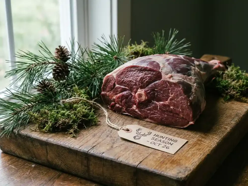 Frische Wildbret-Keule auf verwittertem Holzhackblock, umgeben von Kiefernzweigen und Waldmoos, mit Jagdanhänger, in warmem Naturlicht.