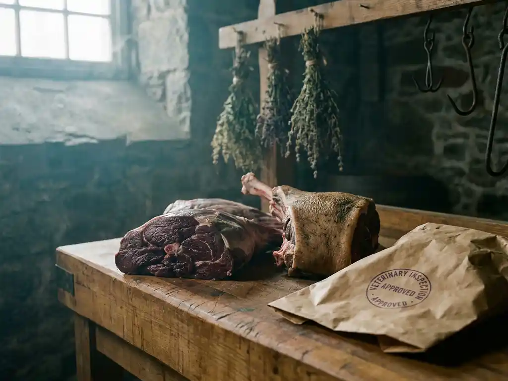 Frisches Wildfleisch – Rehkeule und Wildschweerschulter – auf einem rustikalen Holzblock mit veterinärem Prüfstempel auf Kraftpapier.
