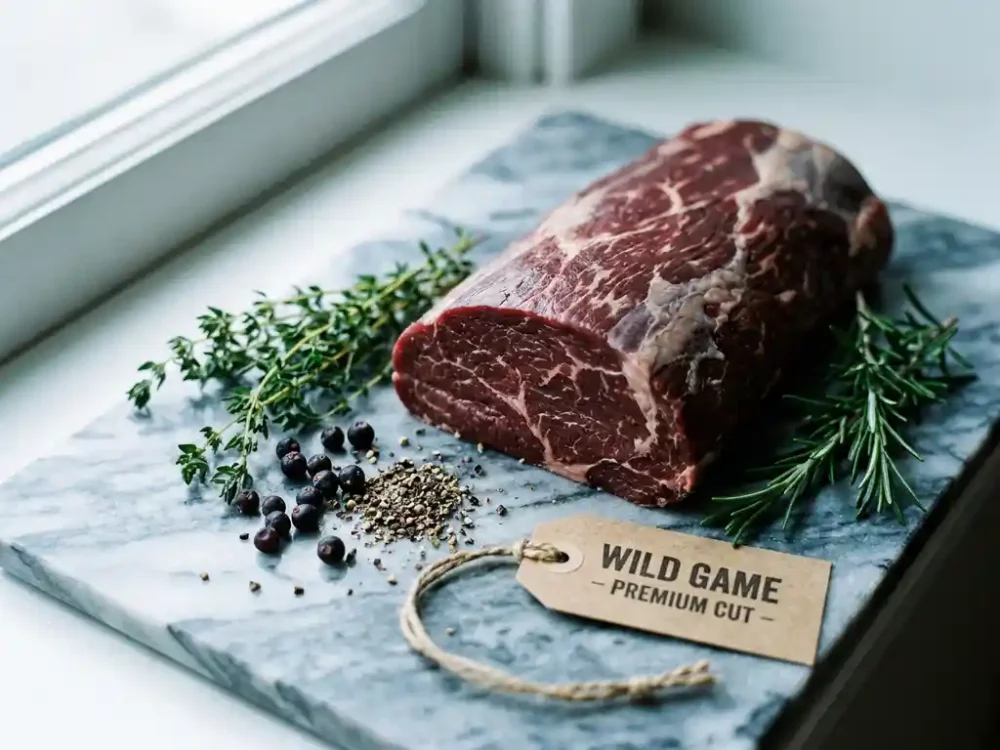 Wildschweinrack auf Marmorplatte mit frischen Waldkräutern, gebrochenem Pfeffer und Qualitätszertifikat im Tageslicht.
