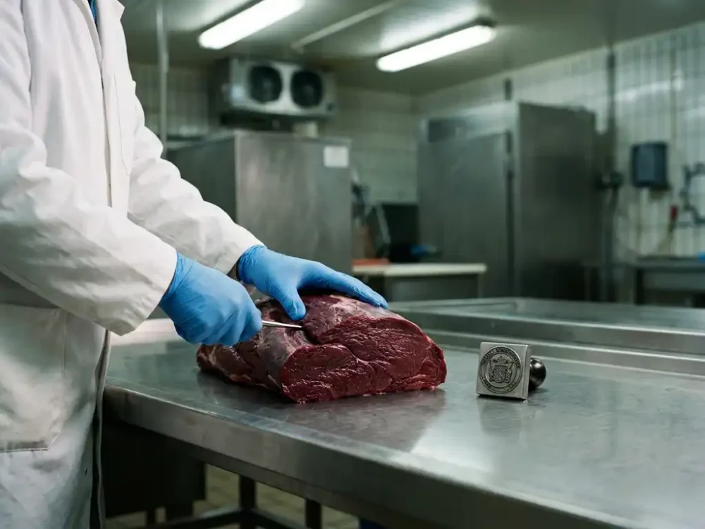 Veterinärinspektor in weißem Kittel und blauen Handschuhen prüft frisches Wildfleisch auf Edelstahltisch mit amtlichem Stempel.