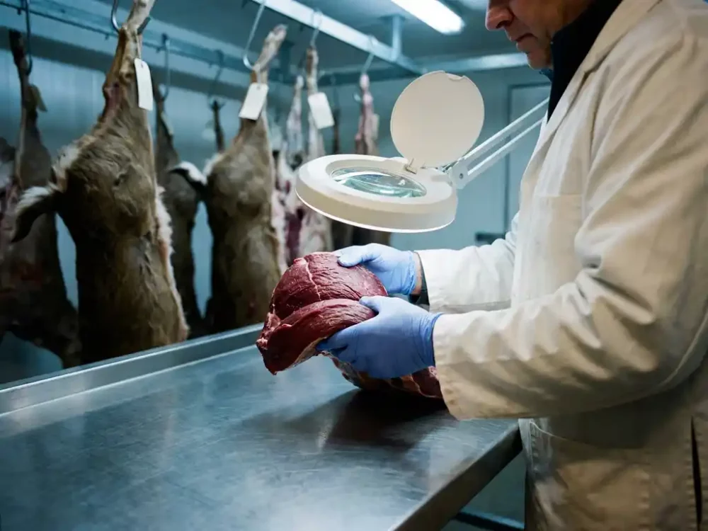 Wildbrethygieniker in Latexhandschuhen prüft frischen Hirschfleischzuschnitt auf Edelstahlinspektion­stisch im Kühlraum.