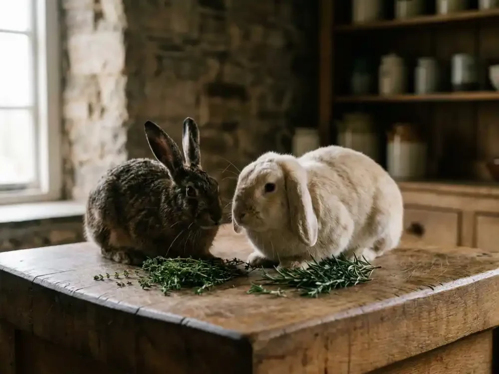 Wilder Hase und Farmkaninchen nebeneinander auf einem Eichenholz-Hackblock mit frischem Thymian und Rosmarin.