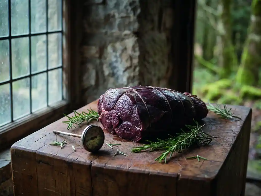 Frisch geerntete Wildkeule auf einem Holzschneidebrett mit Rosmarinzweigen und vintage Fleischthermometer im Waldlicht.