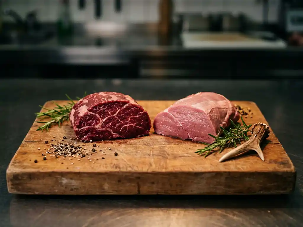 Zwei Wildvenison-Stücke auf rustikalem Holzbrett mit Rosmarin und schwarzem Pfeffer, tiefes Rubinrot trifft helles Farmfleisch.