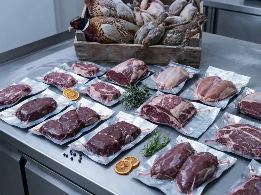 Vakuumversiegelte Wildfleischstücke — Reh, Wildschwein und Fasan — auf Edelstahltheke, rustikale Holzkiste mit bereiften Federwildvögeln im Hintergrund.