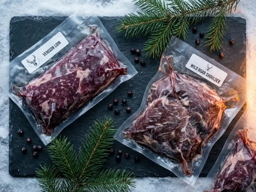 Vakuumverpackte Wildbret-Cuts — Hirschrücken und Wildschweerschulter — auf Schieferplatte mit Wacholderbeeren und Kiefernzweigen.